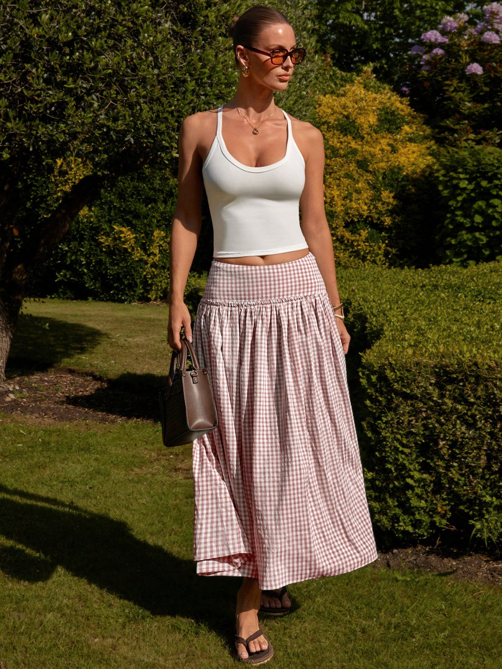 Brown Gingham Tiered Maxi Skirt