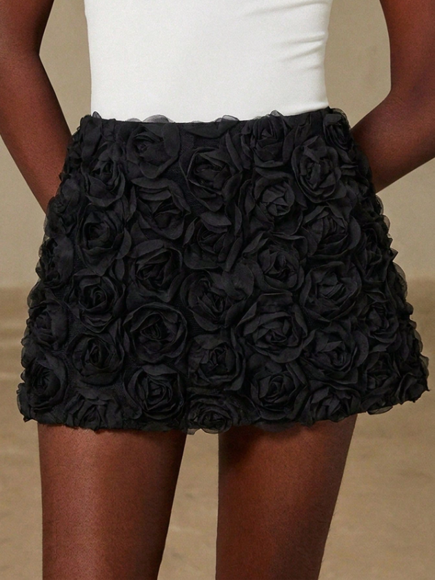 Black 3D Rose Applique Mini Skirt