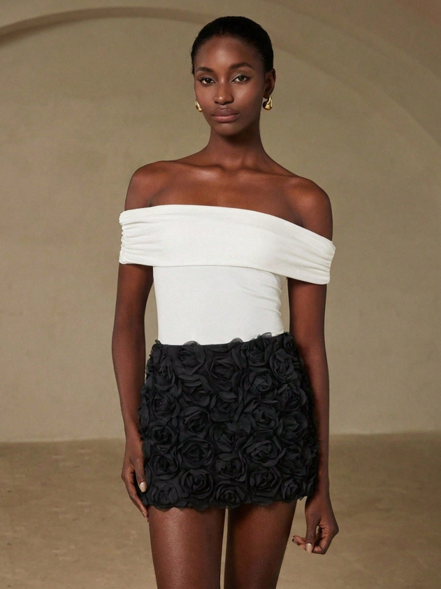 Black 3D Rose Applique Mini Skirt