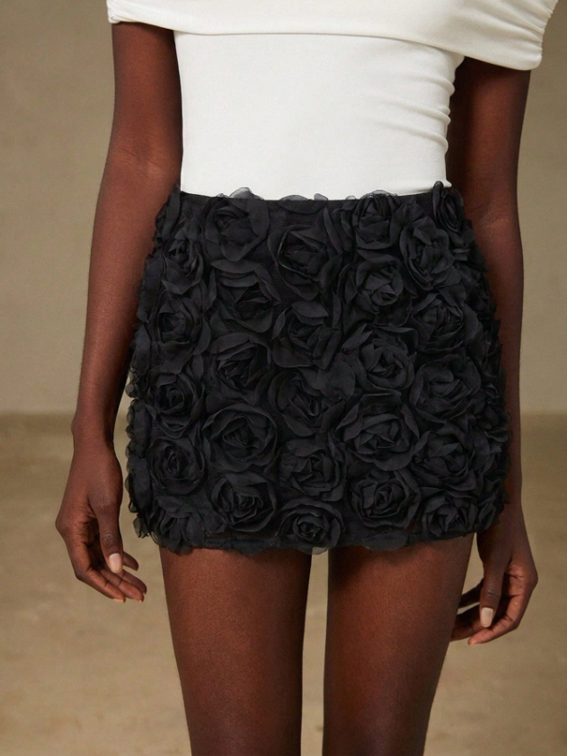 Black 3D Rose Applique Mini Skirt