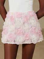 Pink & White 3D Rose Applique Mini Skirt