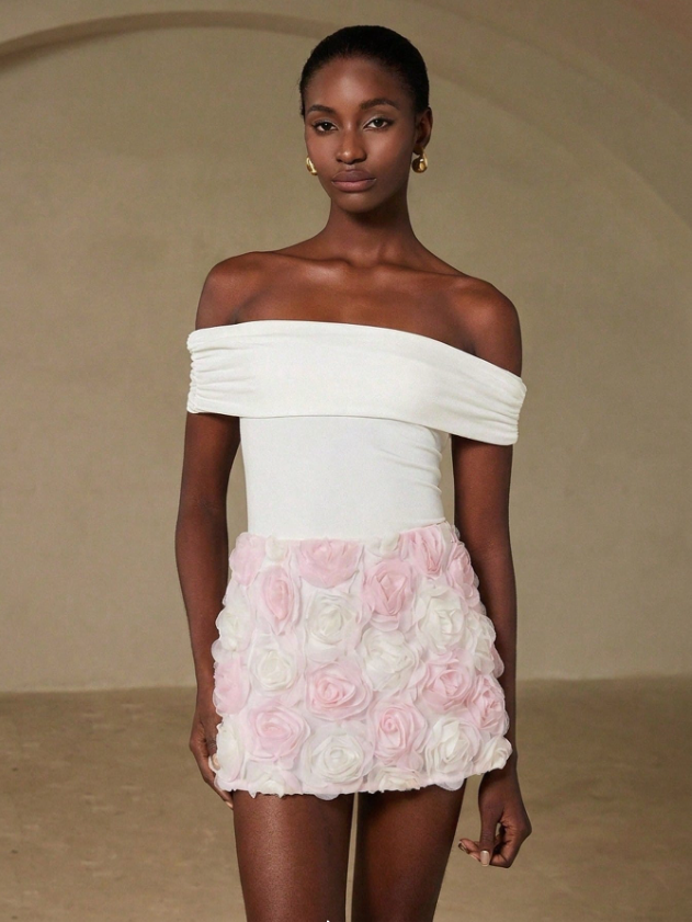 Pink & White 3D Rose Applique Mini Skirt