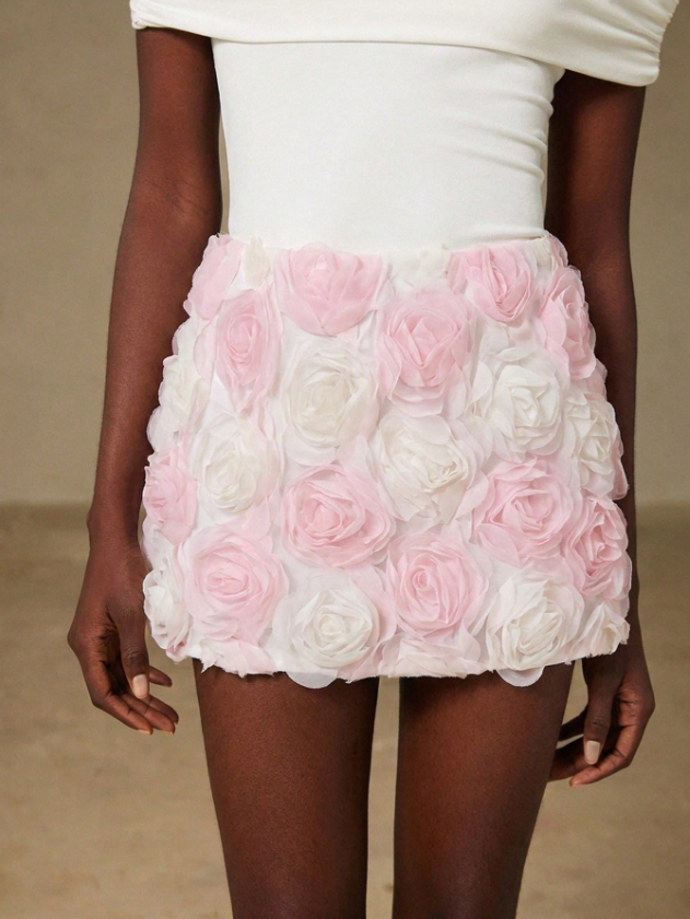 Pink & White 3D Rose Applique Mini Skirt