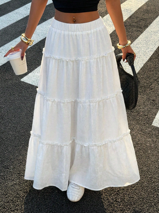 White Boho Tiered Linen Maxi Skirt