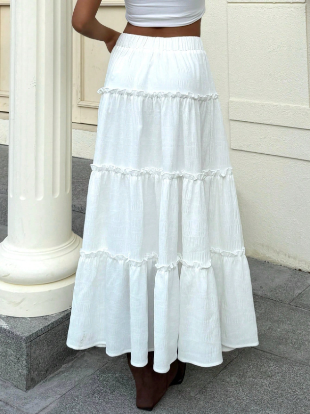 White Boho Tiered Linen Maxi Skirt