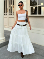 White Boho Tiered Linen Maxi Skirt
