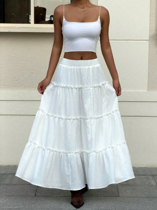 White Boho Tiered Linen Maxi Skirt