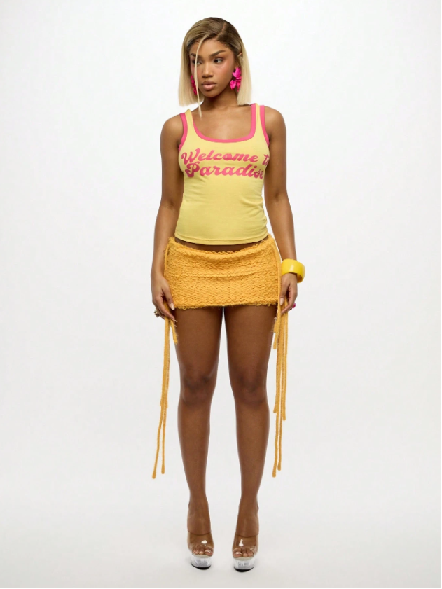 Yellow Knit Fringe Micro Skirt