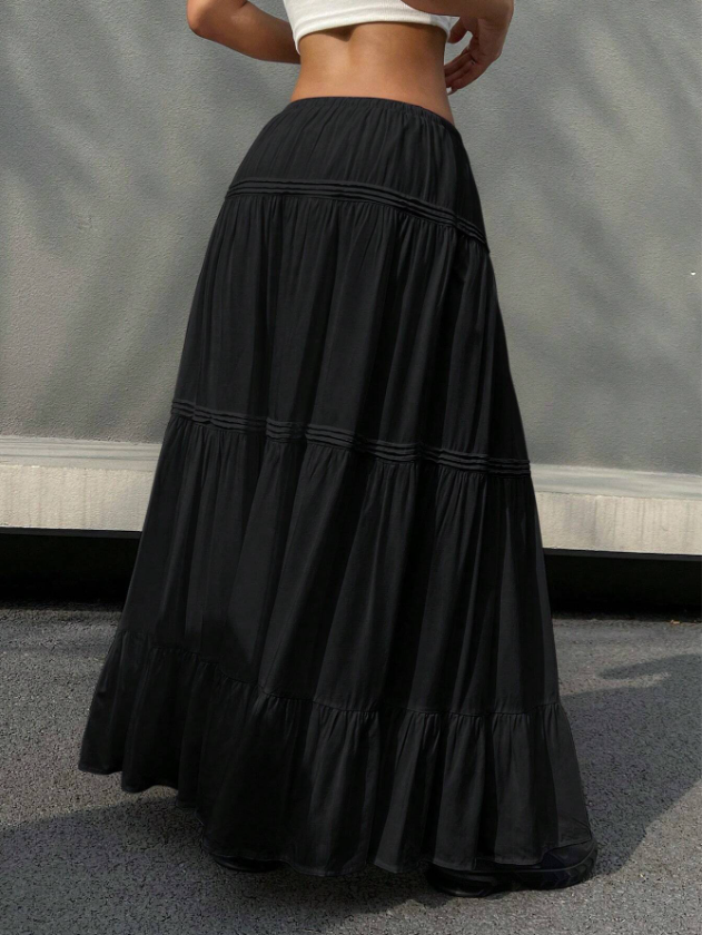 Black Tiered Drawstring Maxi Skirt