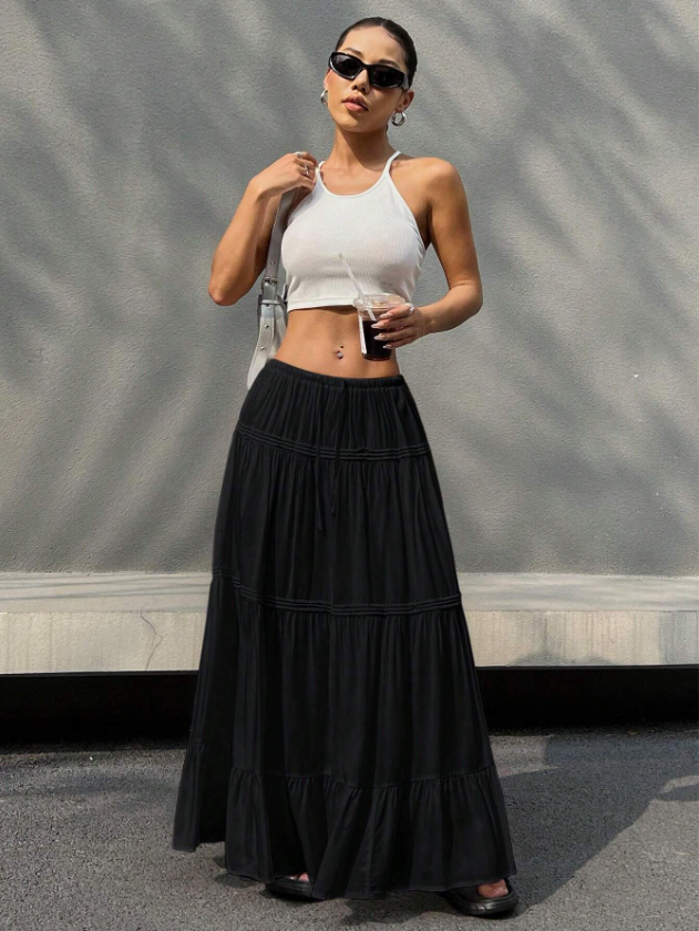 Black Tiered Drawstring Maxi Skirt