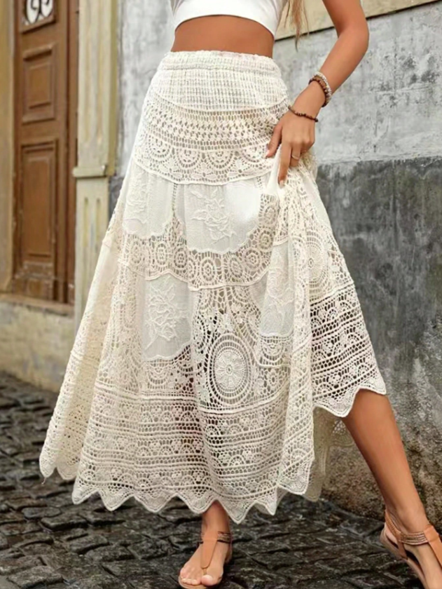 Cream Crochet Tiered Maxi Skirt
