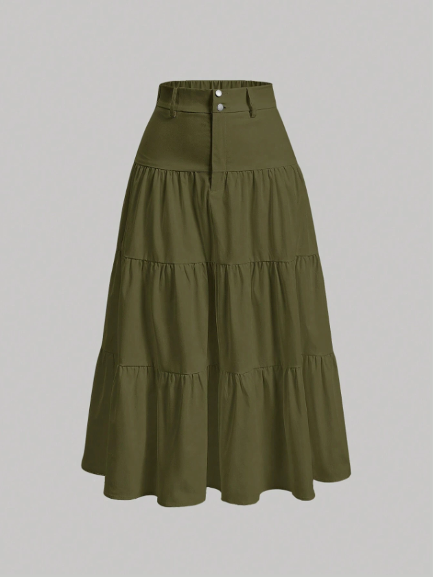 Olive High-Waist Tiered Maxi Skirt