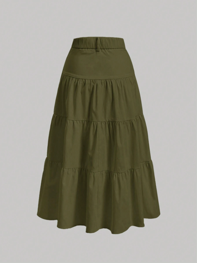 Olive High-Waist Tiered Maxi Skirt