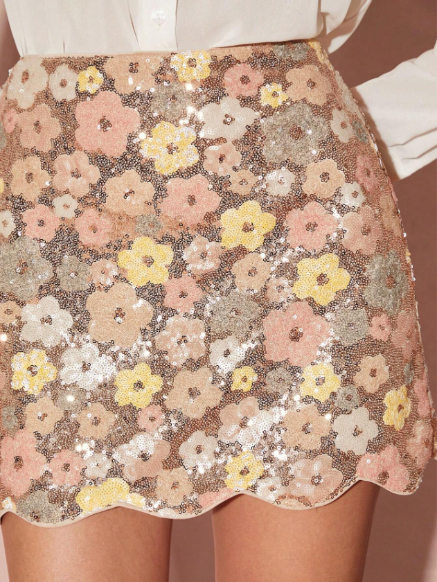 Floral Sequin Scalloped Mini Skirt