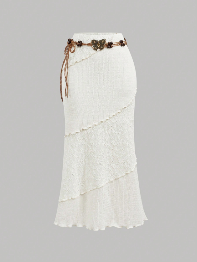 White Smocked Asymmetric Midi Skirt