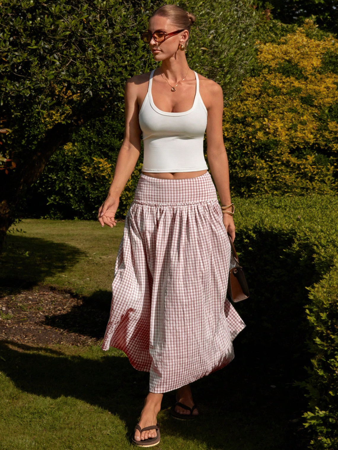 Brown Gingham Tiered Maxi Skirt
