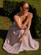Brown Gingham Tiered Maxi Skirt