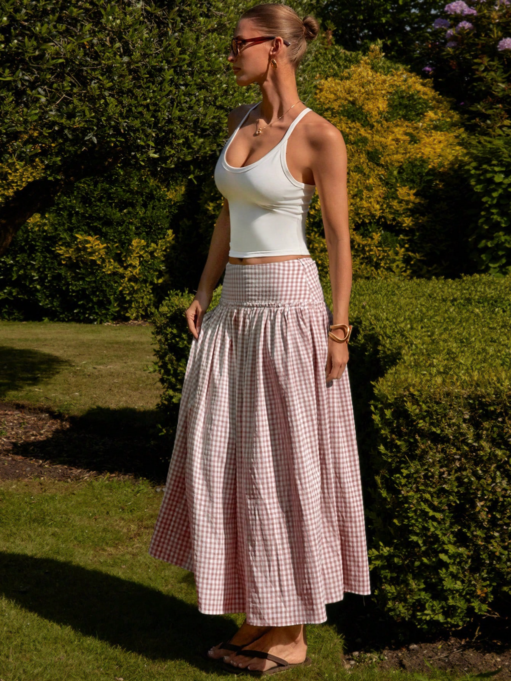 Brown Gingham Tiered Maxi Skirt