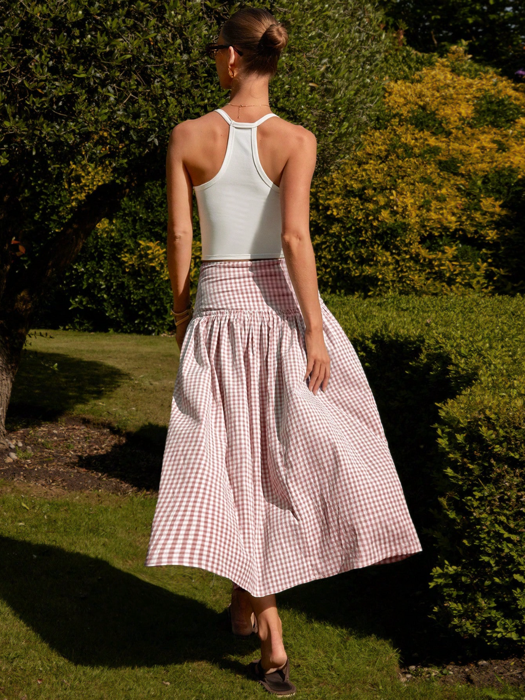 Brown Gingham Tiered Maxi Skirt