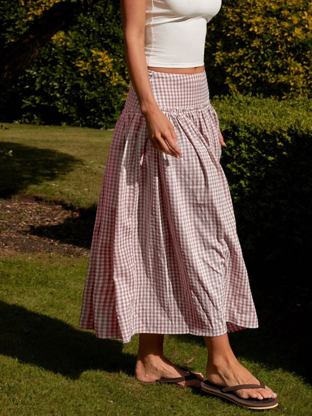Brown Gingham Tiered Maxi Skirt
