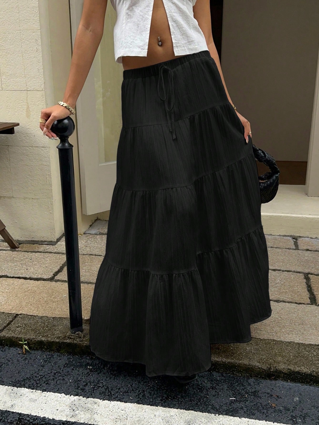 Black Crinkle Tiered Maxi Skirt