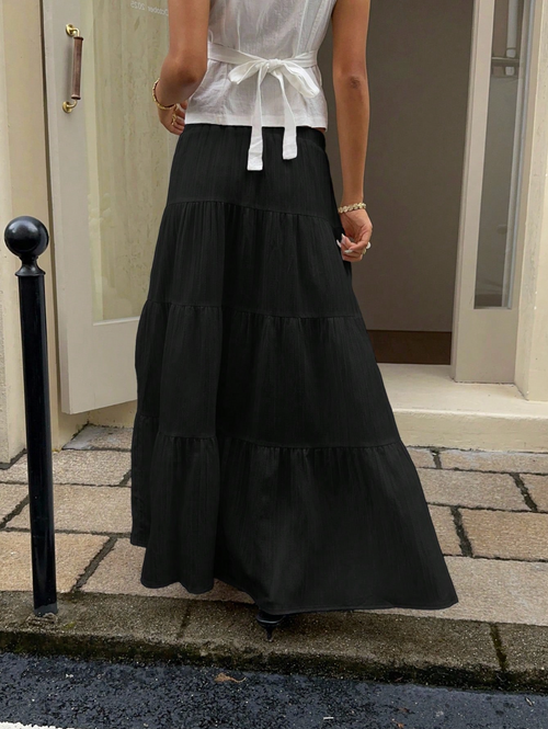 Black Crinkle Tiered Maxi Skirt