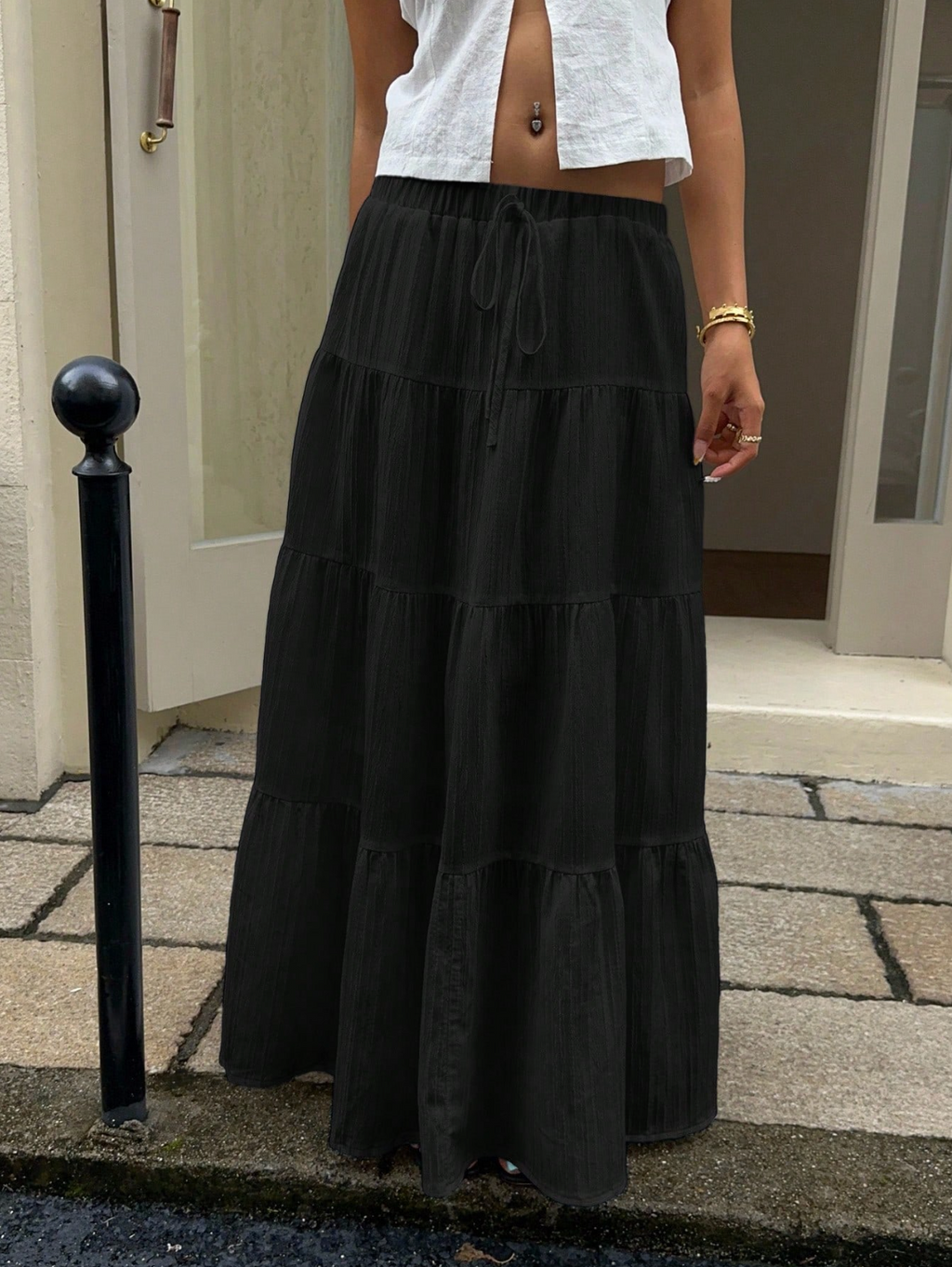 Black Crinkle Tiered Maxi Skirt