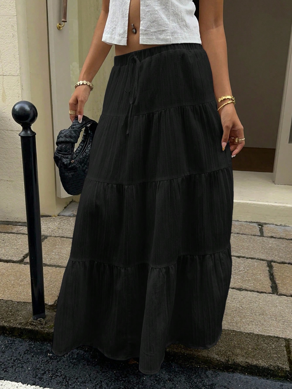 Black Crinkle Tiered Maxi Skirt