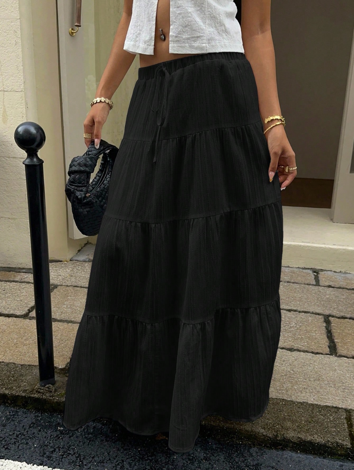 Black Crinkle Tiered Maxi Skirt
