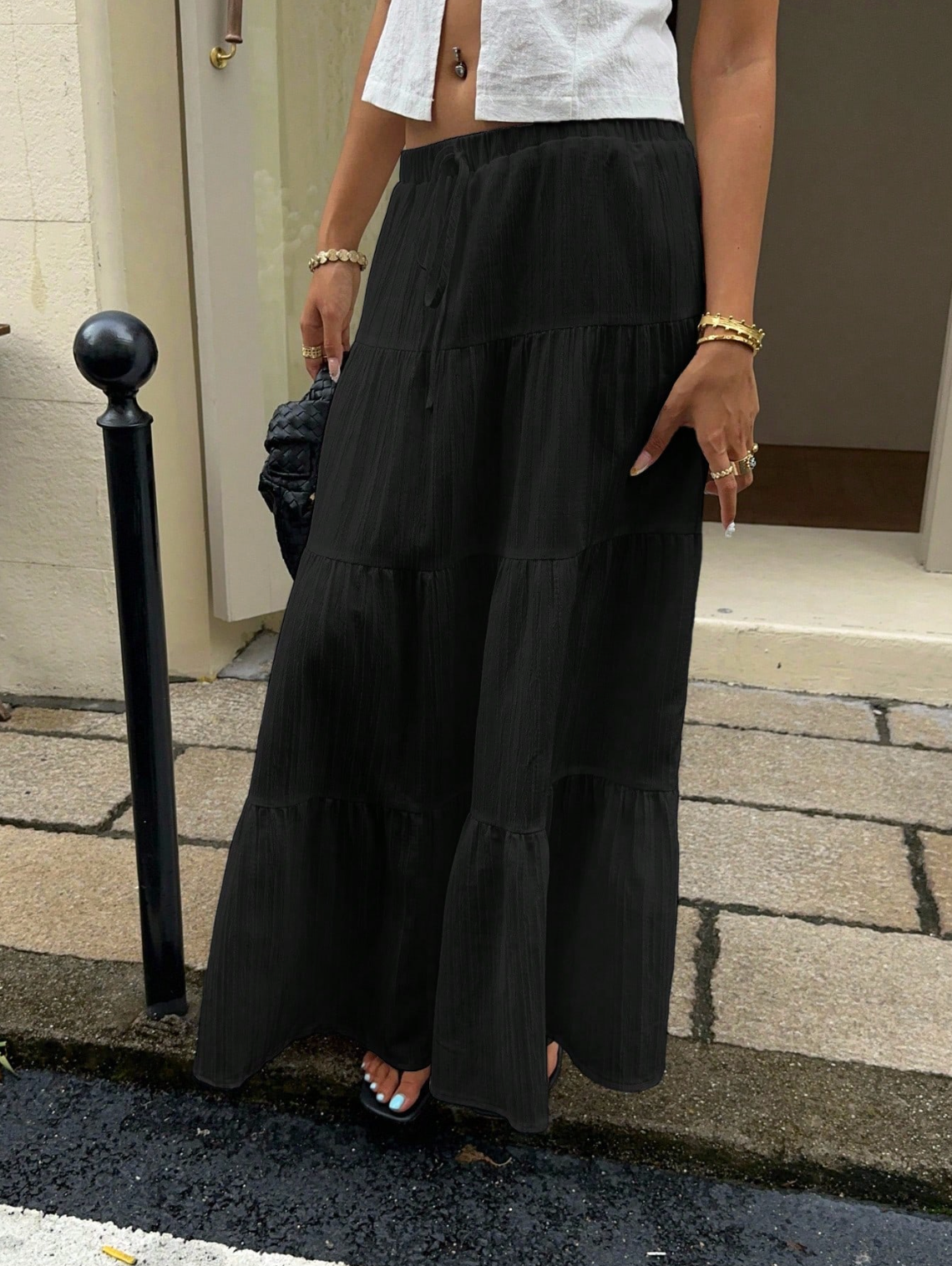 Black Crinkle Tiered Maxi Skirt