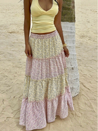 Pink Floral Boho Tiered Maxi Skirt