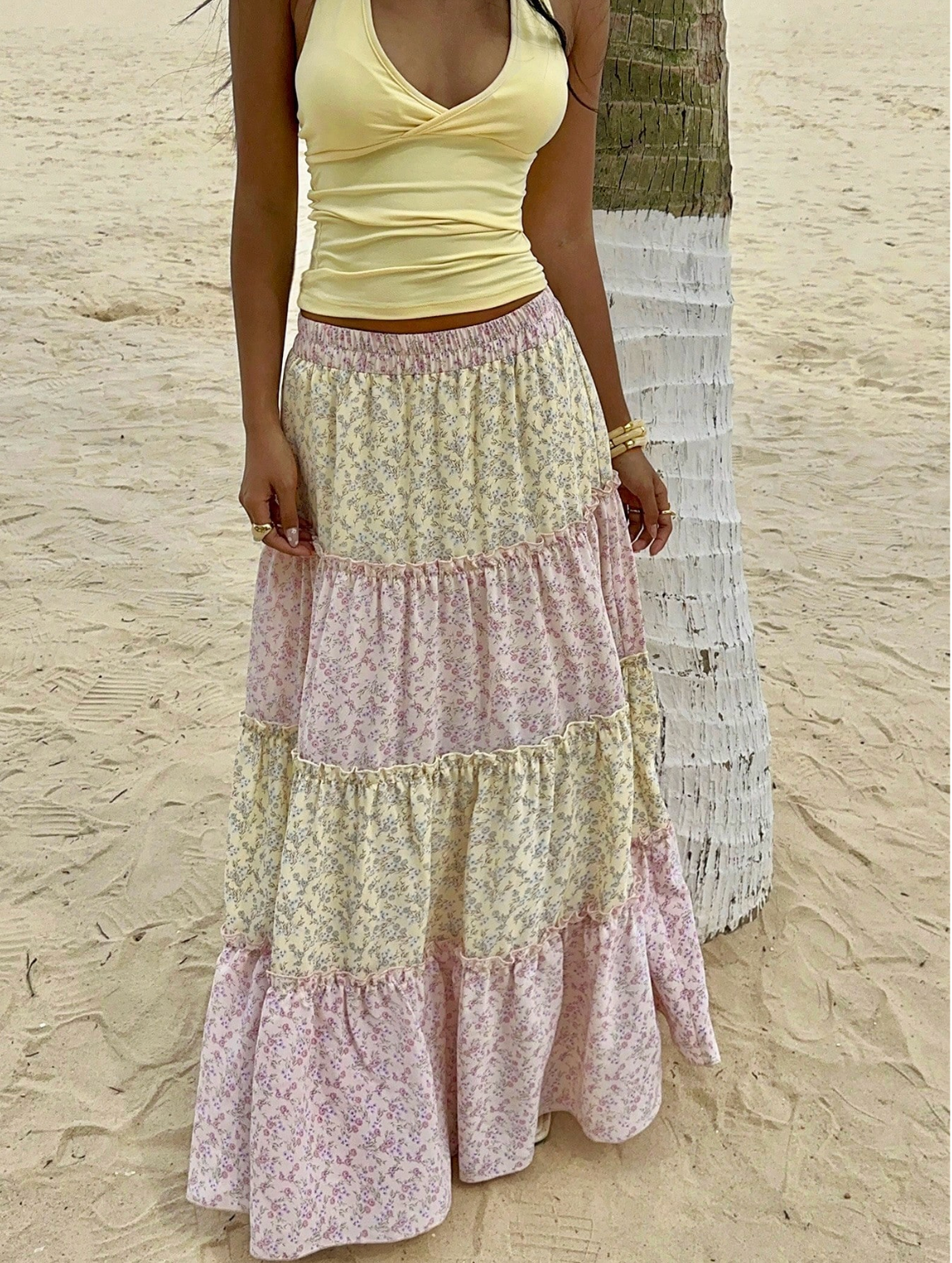 Pink Floral Boho Tiered Maxi Skirt