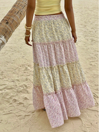 Pink Floral Boho Tiered Maxi Skirt