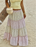 Pink Floral Boho Tiered Maxi Skirt