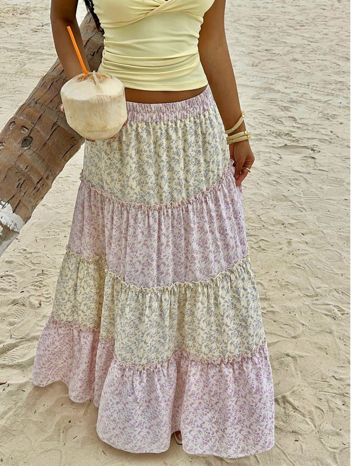 Pink Floral Boho Tiered Maxi Skirt