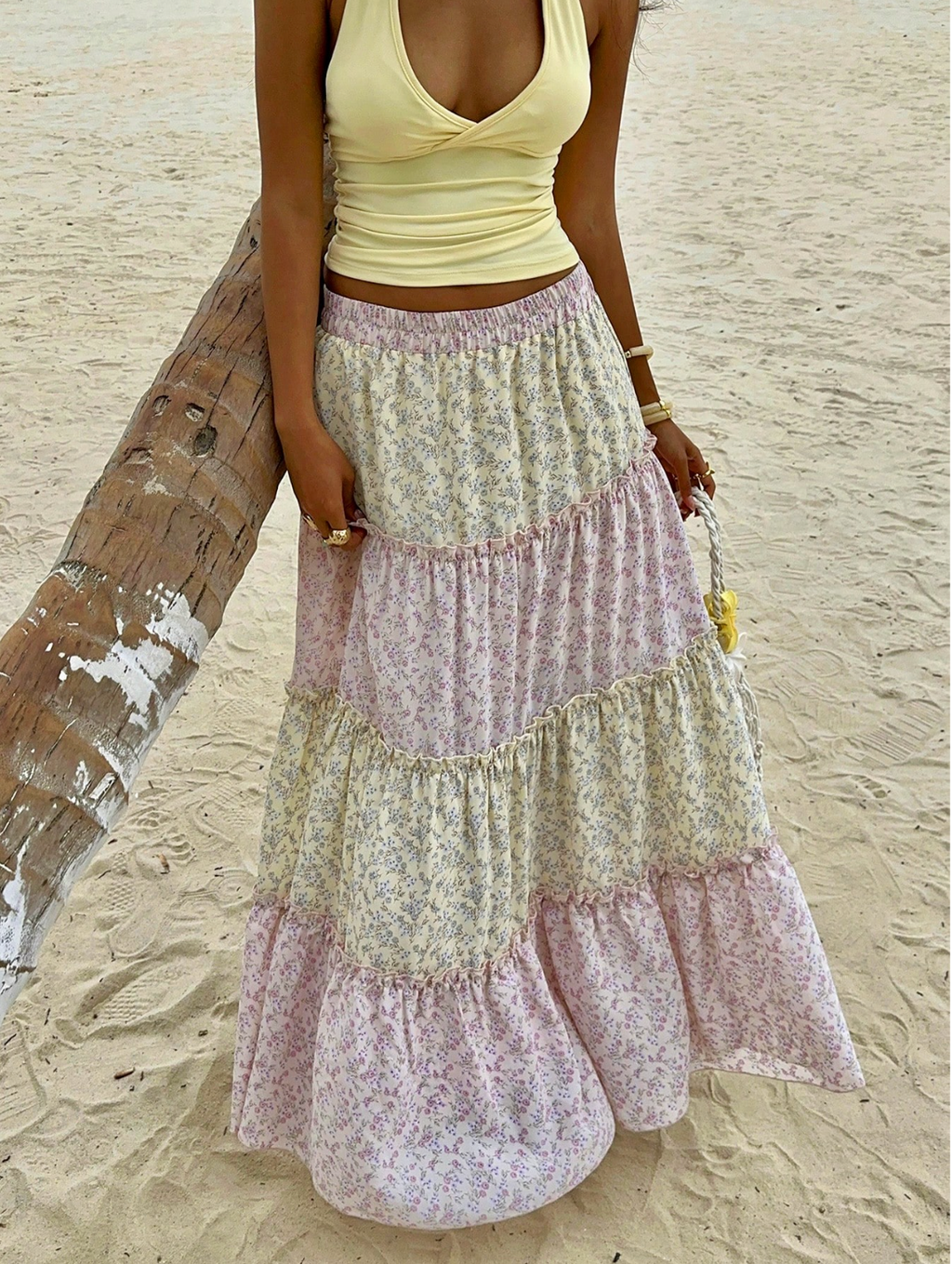 Pink Floral Boho Tiered Maxi Skirt