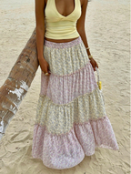 Pink Floral Boho Tiered Maxi Skirt