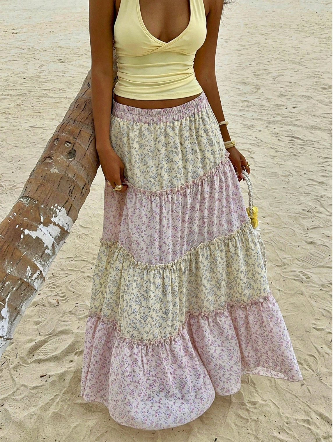 Pink Floral Boho Tiered Maxi Skirt