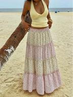 Pink Floral Boho Tiered Maxi Skirt