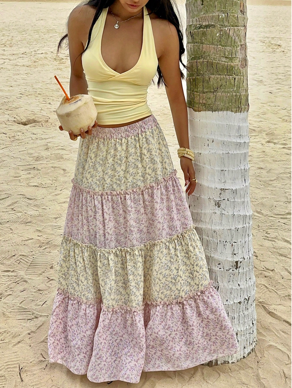 Pink Floral Boho Tiered Maxi Skirt