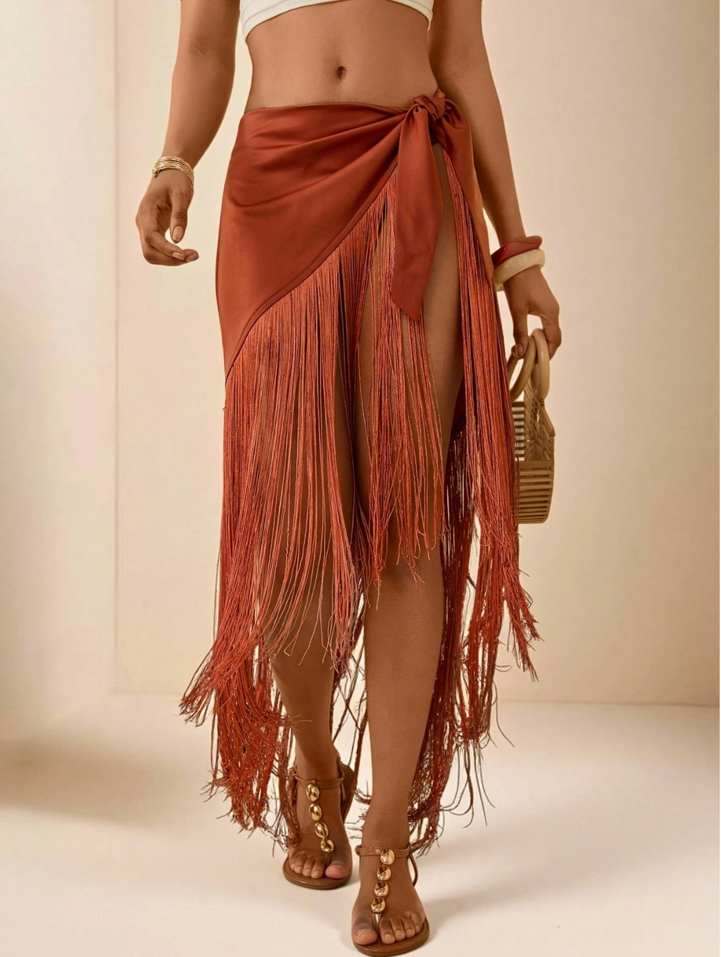 Rust Fringe Wrap Sarong Skirt