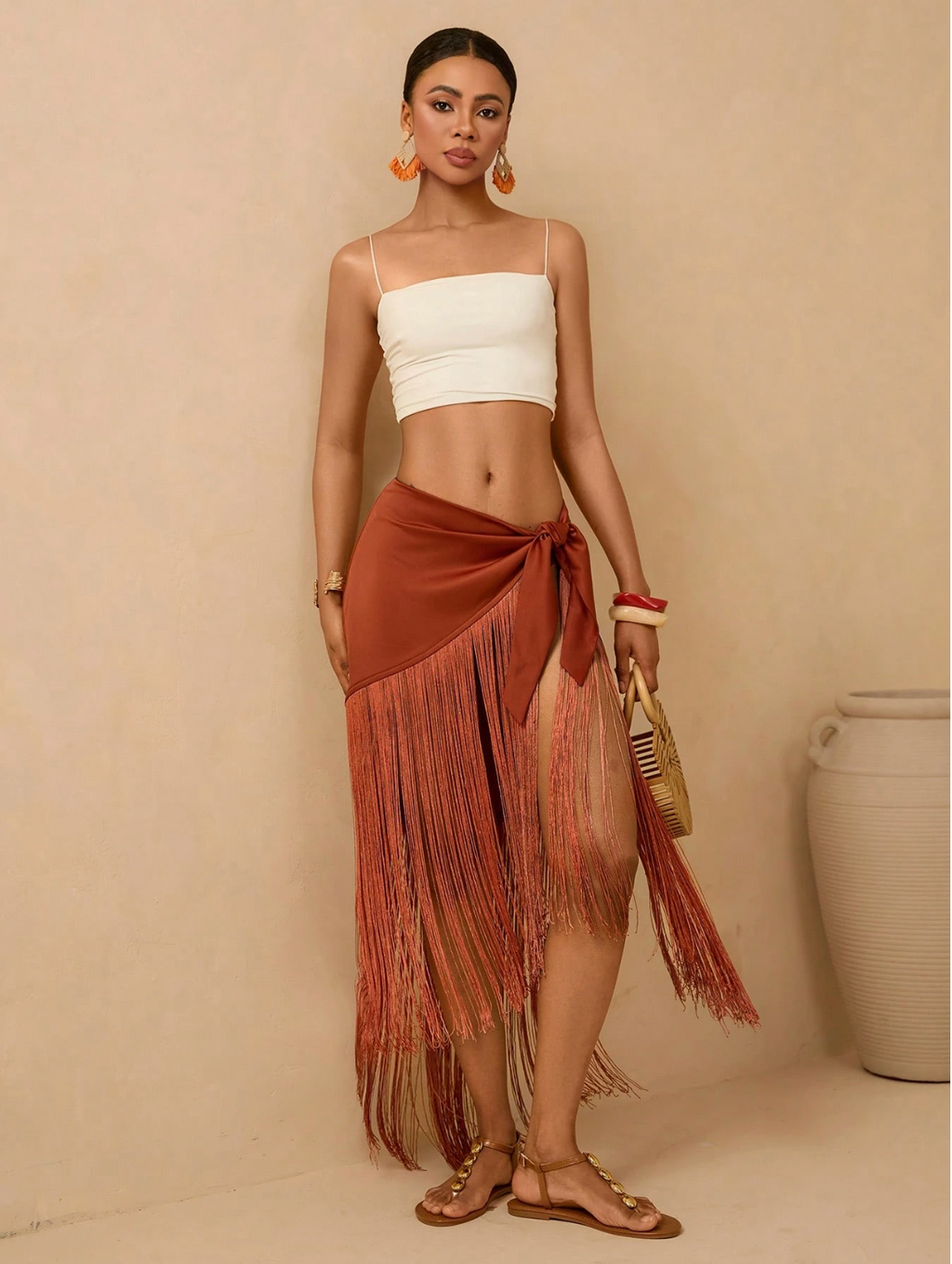 Rust Fringe Wrap Sarong Skirt