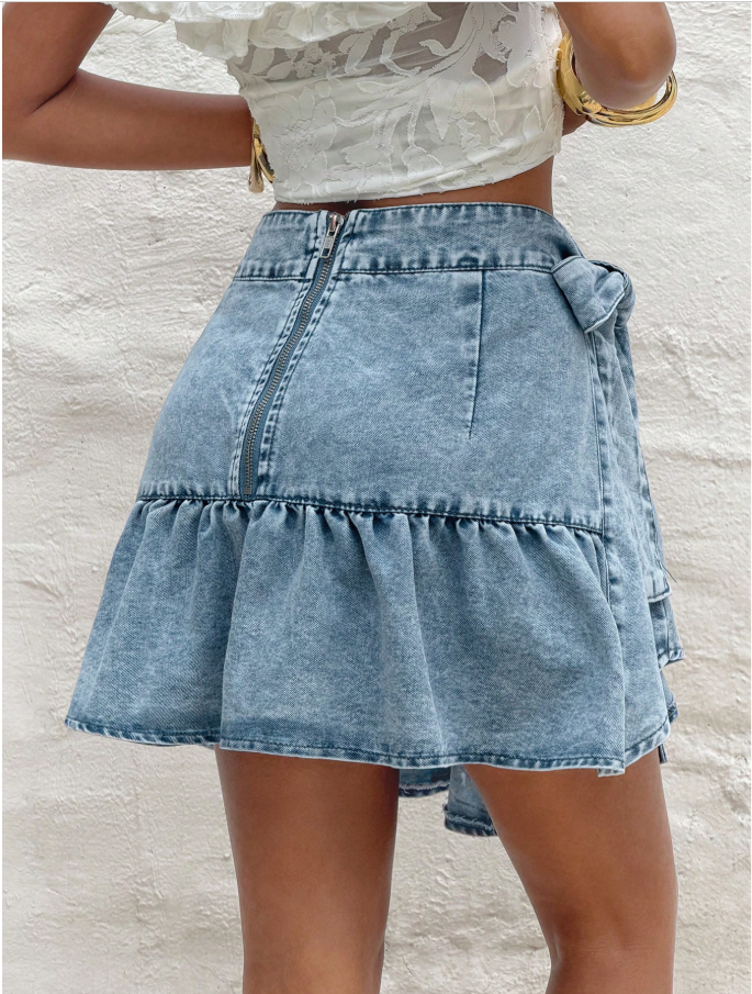 Denim Wrap Ruffle Mini Skirt