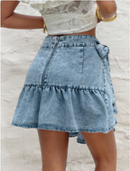 Denim Wrap Ruffle Mini Skirt