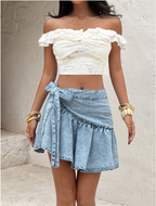 Denim Wrap Ruffle Mini Skirt