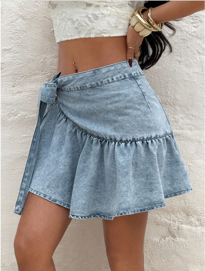 Denim Wrap Ruffle Mini Skirt