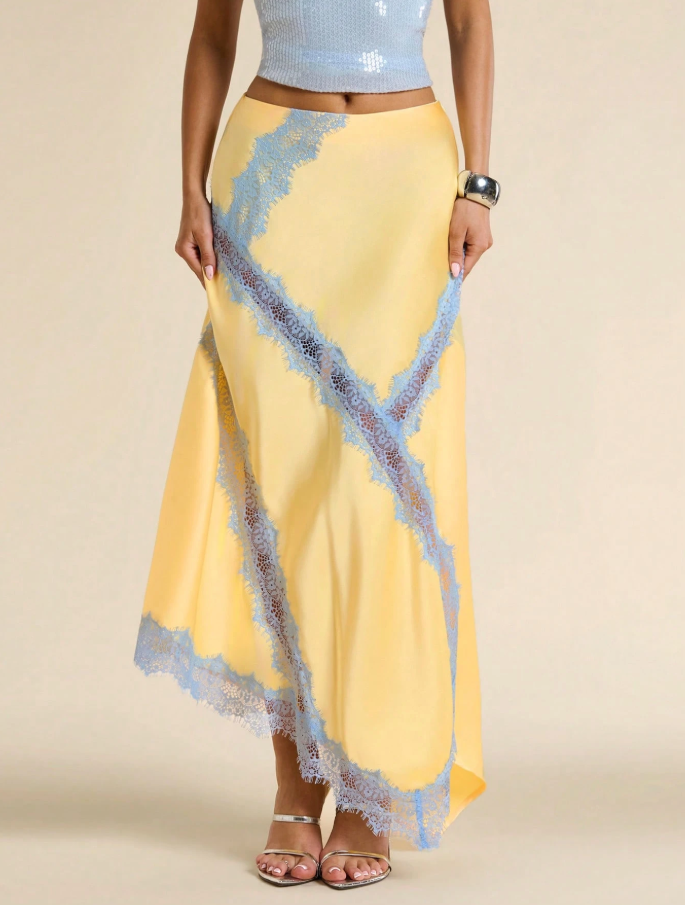 Yellow Satin Lace-Trim Maxi Skirt