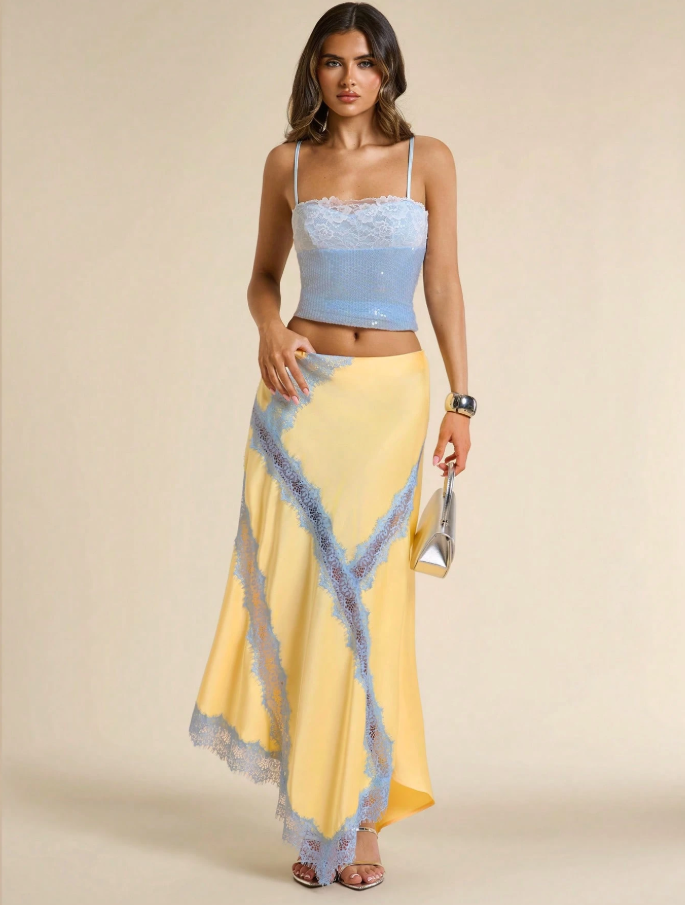 Yellow Satin Lace-Trim Maxi Skirt