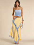 Yellow Satin Lace-Trim Maxi Skirt