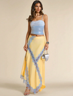Yellow Satin Lace-Trim Maxi Skirt